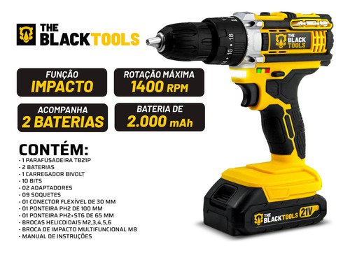Parafusadeira Furadeira De Impacto The Black Tools Profissional TB-21PX 2 Baterias Com Maleta 60Hz Amarelo - foto 2
