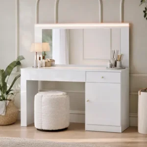 Penteadeira Camarim Makeup Mobler Nina Glamour Organizadora Com Espelho, 2 Gavetas, 1 Porta, Com Fita De Led, Corrediça Telescópica, Cor Branco Fosco, Design Moderno - foto 1